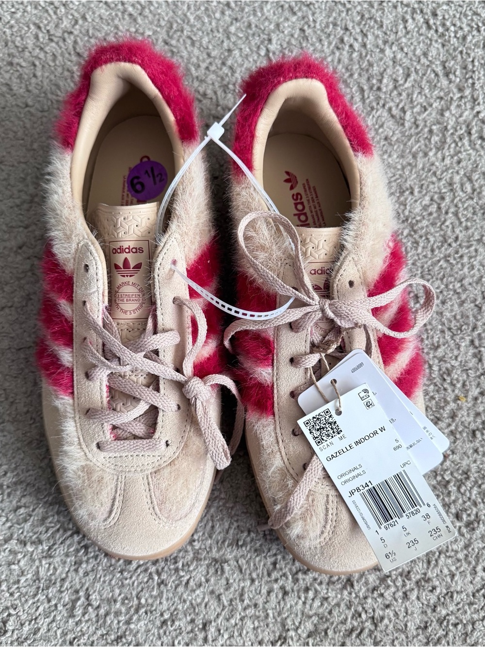 adidas Women’s Pink & Cream Fuzzy Stripe Sneakers GAZELLE INDOOR SNEAKERS